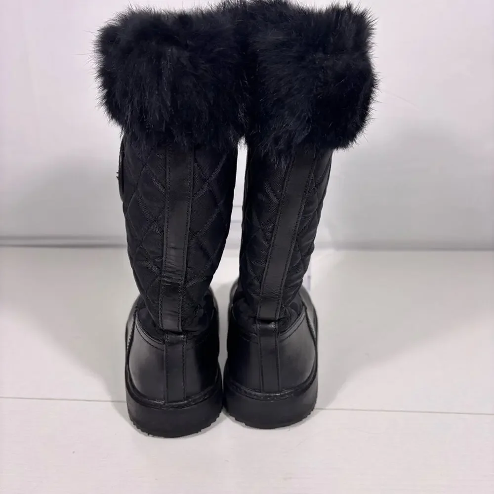 Tory Burch Joey Black Quilted Rabbit Fur-Trim Boots Wool Lining Size 7.5